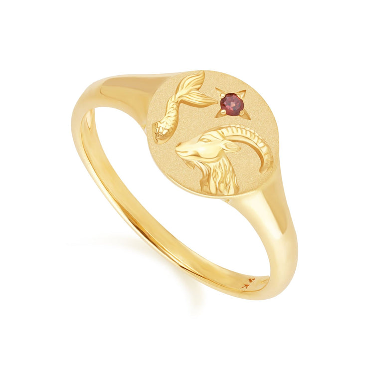 Anello con sigillo dello zodiaco Capricorno in oro giallo da 9 ct con granato