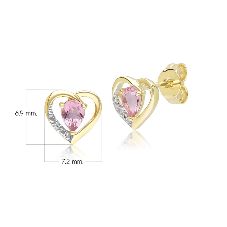 Boucles d'oreilles clou en forme de cœur avec tourmaline rose et diamants en or jaune 9 carats