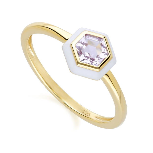 Anello Hex geometrico con ametista rosa e smalto bianco in argento sterling placcato oro fino