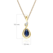 Collana classica con ciondolo a forma di pera in oro giallo 9 carati, zaffiri e diamanti