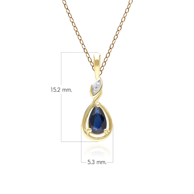 Collana classica con ciondolo a forma di pera in oro giallo 9 carati, zaffiri e diamanti