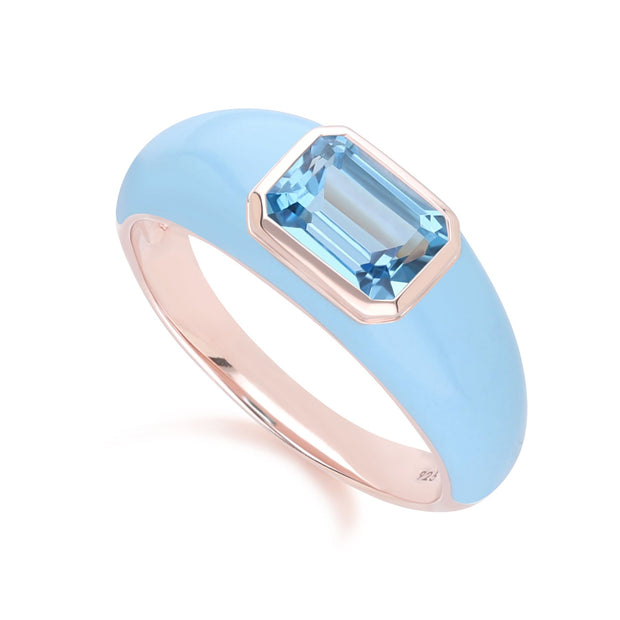 Anello Siberian Waltz in smalto blu e topazio azzurro cielo ottagonale in vermeil oro rosa