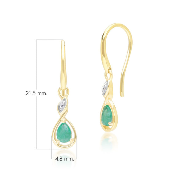 Classici orecchini pendenti in oro giallo 9 carati con smeraldo ovale e diamanti rotondi