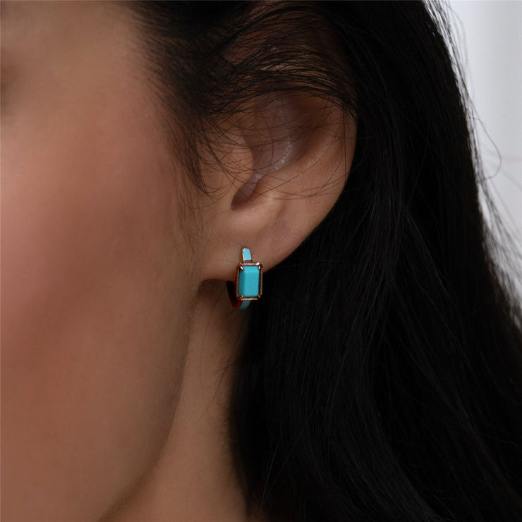 Orecchini a cerchio ottagonali in smalto blu e turchese Siberian Waltz in vermeil oro rosa