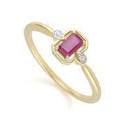 Anello classico in oro giallo 9 carati con rubino baguette e diamanti