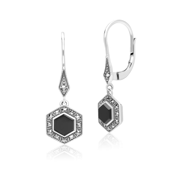 Orecchini pendenti in stile Art Déco in argento sterling 925 con onice esagonale e marcasite