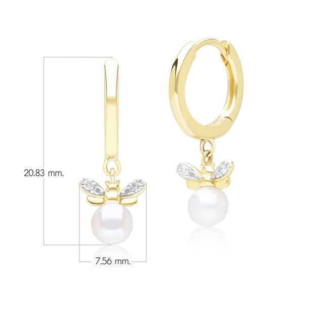 Orecchini a cerchio con ape in stile nido d'ape in oro giallo da 9 ct con perla e diamante