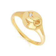 Anello con sigillo dello zodiaco Ariete in oro giallo da 9 ct con un diamante