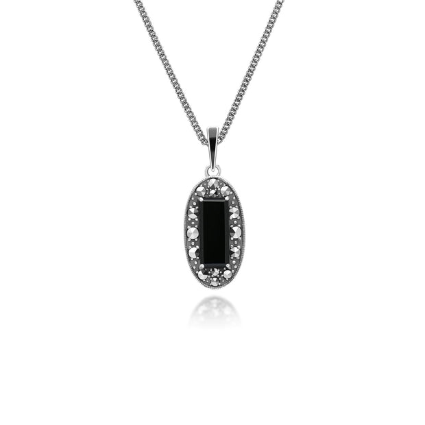 Ciondolo ovale in stile Art Déco in argento 925 con onice, marcasite e smalto nero