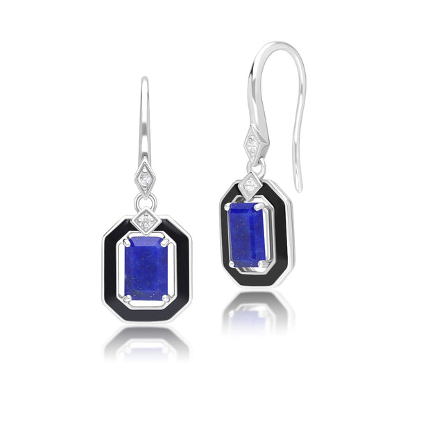 Boucles d'oreilles pendantes Grand Deco en argent sterling, émail noir, lapis-lazuli et topaze