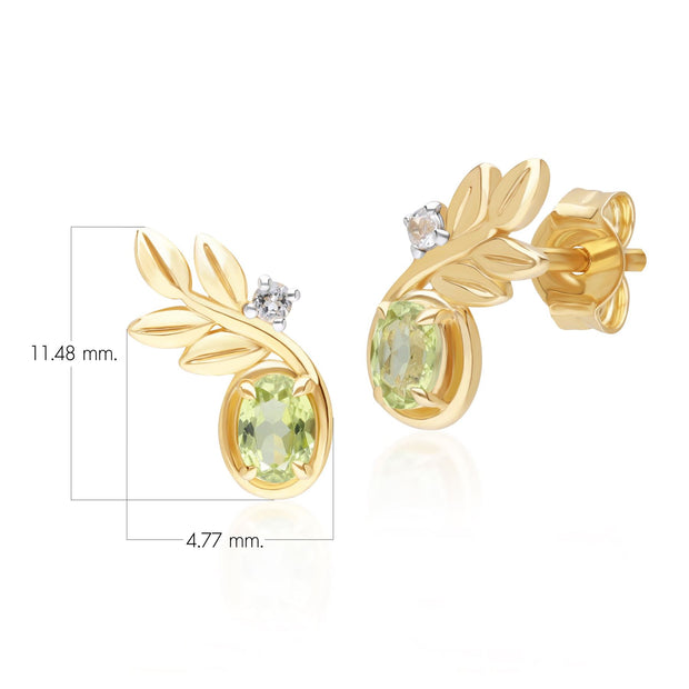 Orecchini a lobo O Leaf in oro giallo da 9 ct con peridoto e diamante