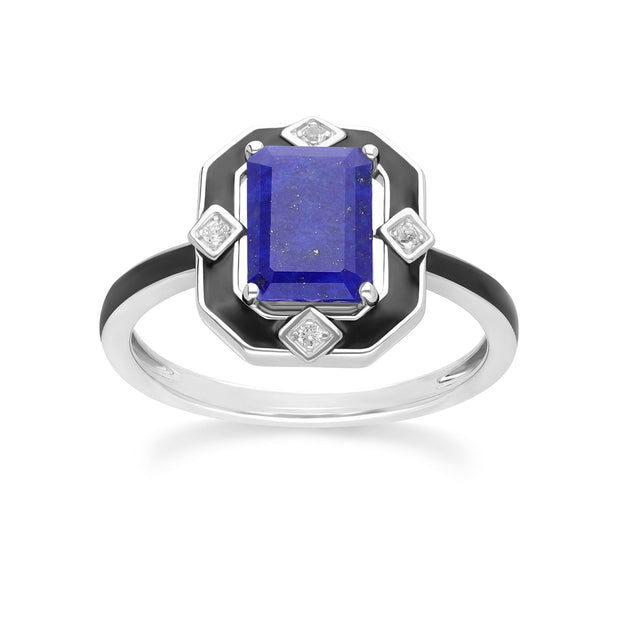 Bague Grand Deco en argent sterling, émail noir, lapis-lazuli et topaze