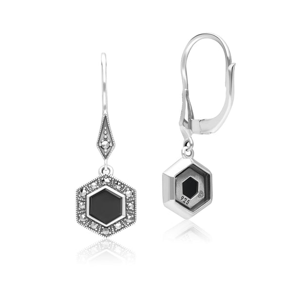 Orecchini pendenti in stile Art Déco in argento sterling 925 con onice esagonale e marcasite