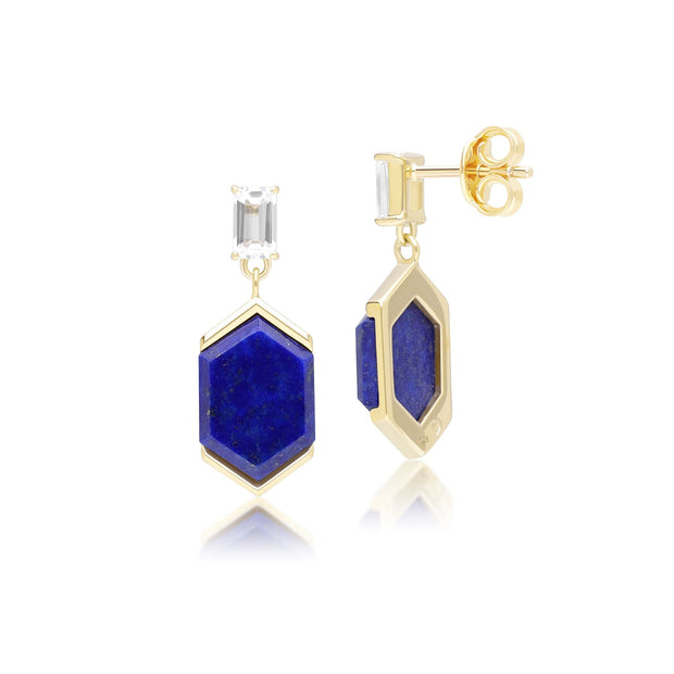 Boucles d'oreilles pendantes Grand Deco Hexagon en lapis-lazuli et topaze en vermeil doré