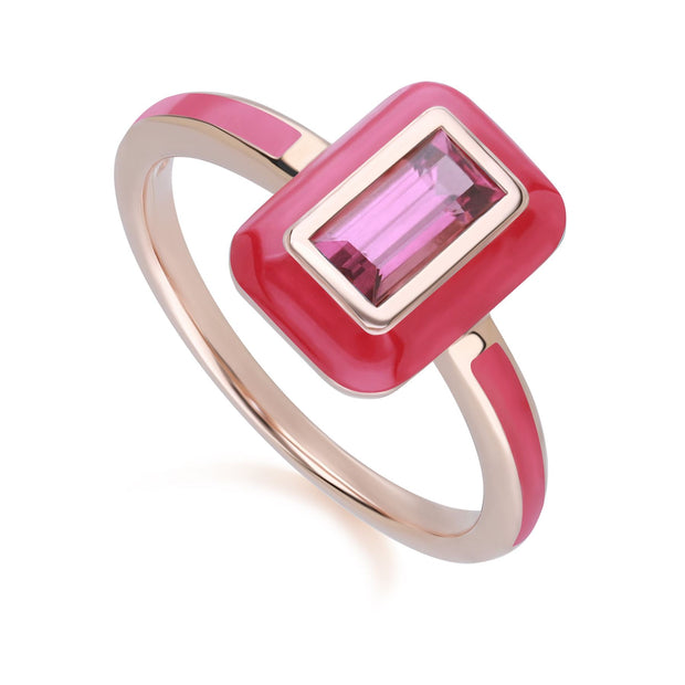 Anello Valzer siberiano in smalto rosa e rodolite baguette in argento sterling placcato oro rosa