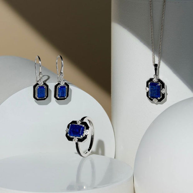 Bague Grand Deco en argent sterling, émail noir, lapis-lazuli et topaze