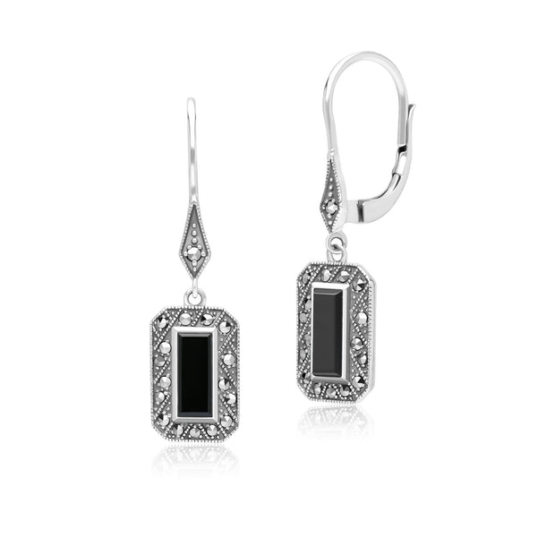 Orecchini pendenti rettangolari in stile Art Déco in argento sterling con onice e marcasite