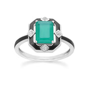Bague Grand Deco en argent sterling, émail noir, calcédoine verte et topaze