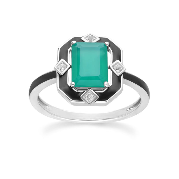 Bague Grand Deco en argent sterling, émail noir, calcédoine verte et topaze