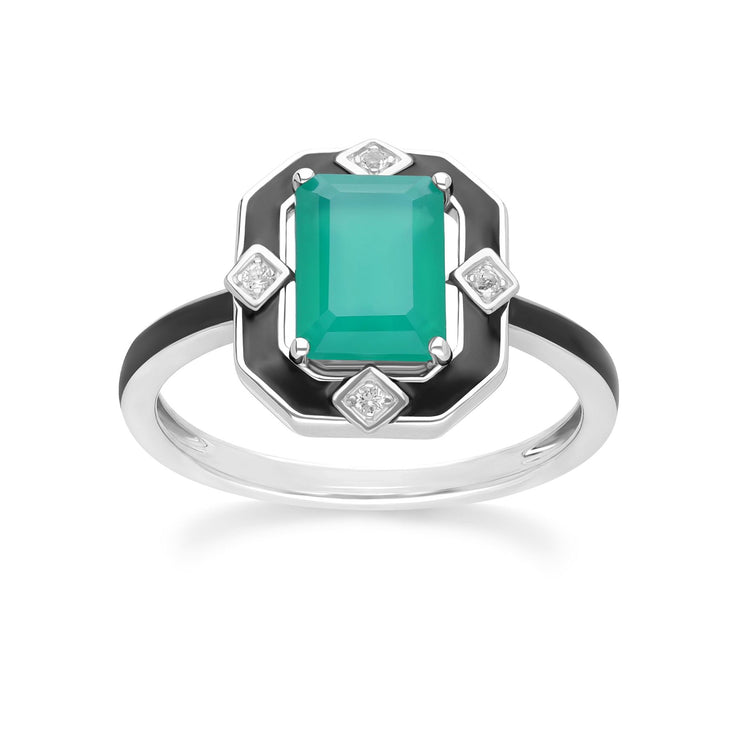 Bague Grand Deco en argent sterling, émail noir, calcédoine verte et topaze