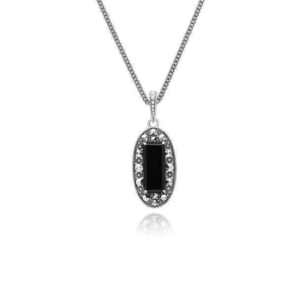 Ciondolo ovale in stile Art Déco in argento sterling con onice e marcasite