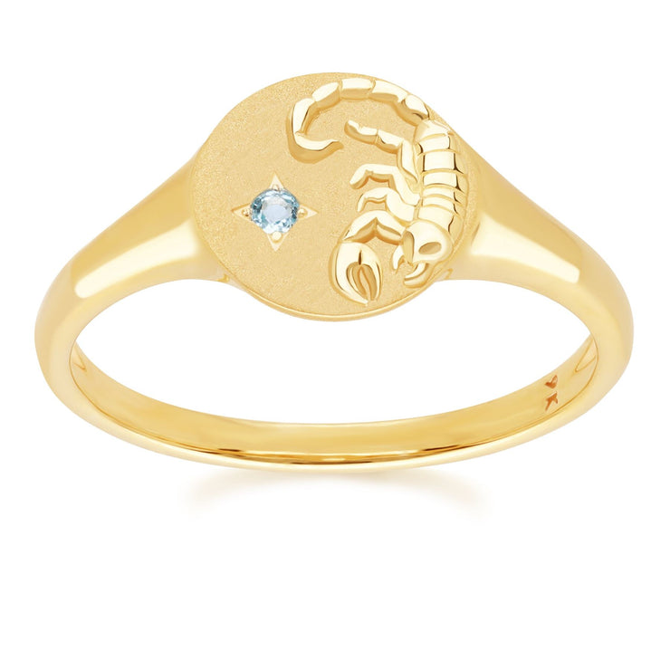 Anello con sigillo dello zodiaco Scorpione in oro giallo da 9 ct con topazio azzurro svizzero