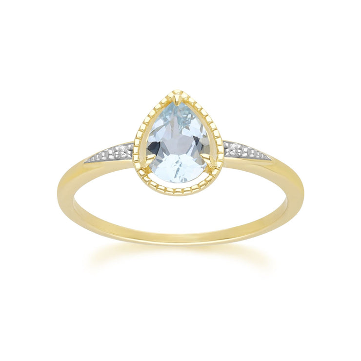 Bague classique en or jaune 9 carats avec aigue-marine en forme de poire et diamant