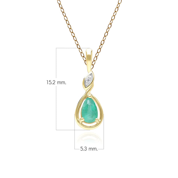 Collana classica in oro giallo 9 carati con ciondolo in diamanti e smeraldo taglio a pera