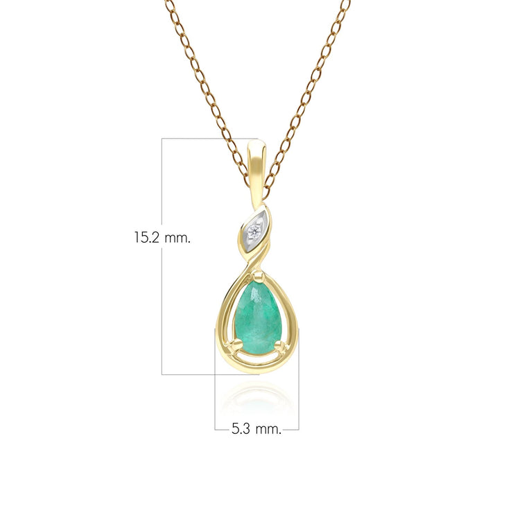 Collana classica in oro giallo 9 carati con ciondolo in diamanti e smeraldo taglio a pera