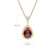 Collier classique avec pendentif en forme de poire, grenat et diamants en or jaune 9 carats