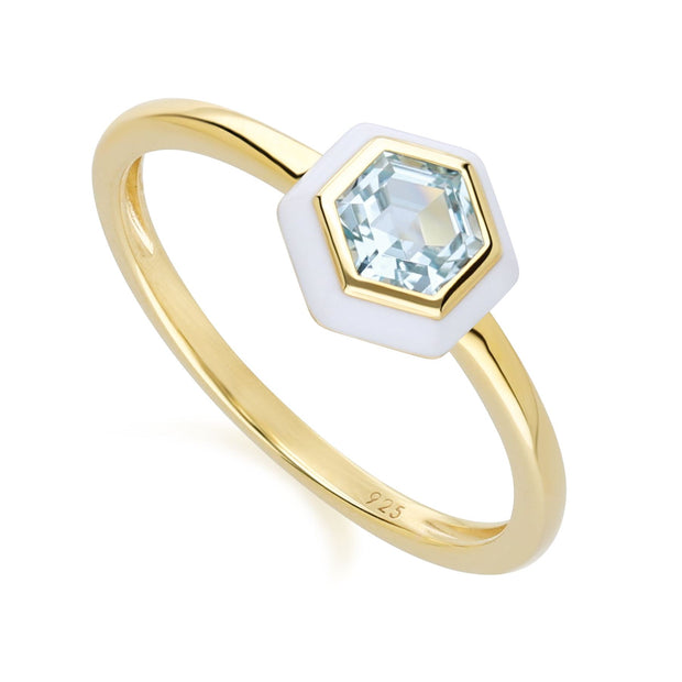 Anello esagonale geometrico con topazio azzurro e smalto bianco in argento sterling oro pregiato