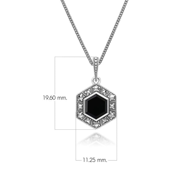 Ciondolo in stile Art Déco in argento sterling 925 con onice esagonale e marcasite