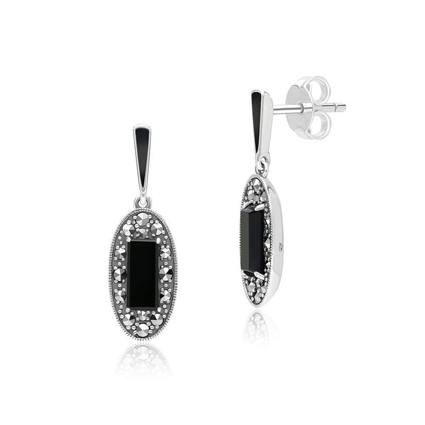 Orecchini pendenti ovali in stile Art Déco in argento 925 con onice, marcasite e smalto nero