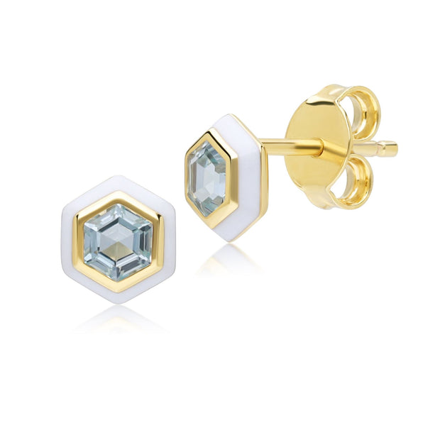 Orecchini a lobo geometrici Hex con topazio blu e smalto bianco in argento sterling placcato oro fino