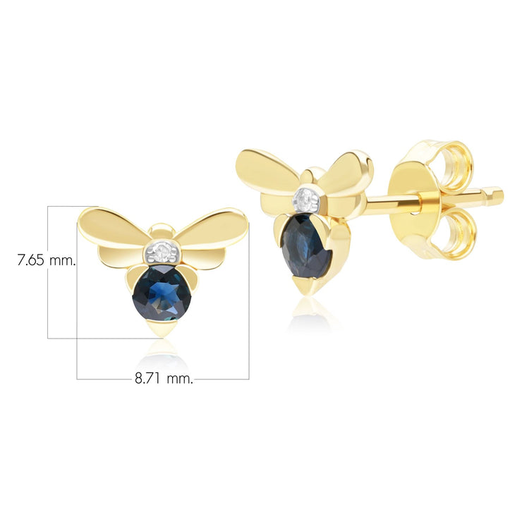 Orecchini a bottone con ape in stile nido d'ape in oro giallo da 9 ct con zaffiro blu e diamante