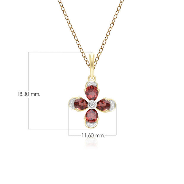 Pendente floreale con granato e diamante in oro giallo da 9 ct