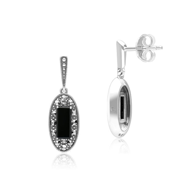 Orecchini pendenti ovali in stile Art Déco in argento sterling con onice e marcasite