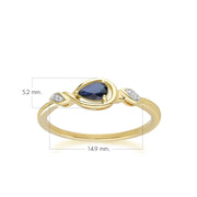 Anello classico in oro giallo 9 carati con zaffiro a forma di goccia e diamanti
