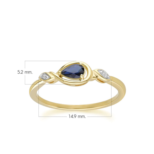 Anello classico in oro giallo 9 carati con zaffiro a forma di goccia e diamanti