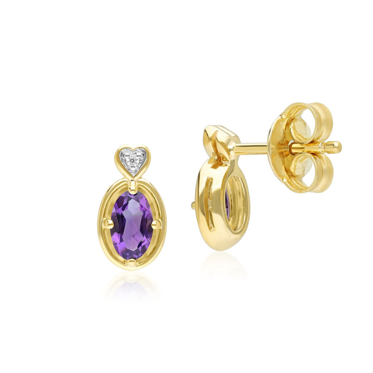 Boucles d'oreilles clou en forme de cœur ovale classique avec améthyste et diamant en or jaune 9 carats