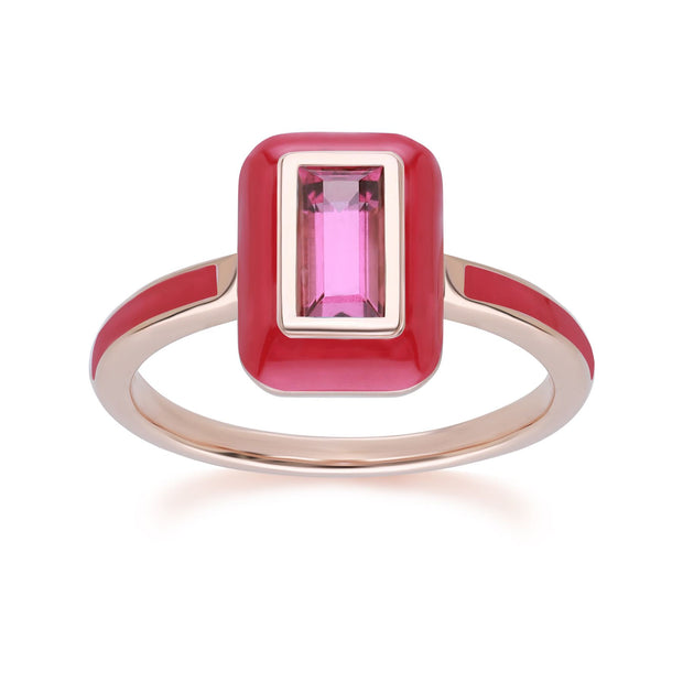 Anello Valzer siberiano in smalto rosa e rodolite baguette in argento sterling placcato oro rosa