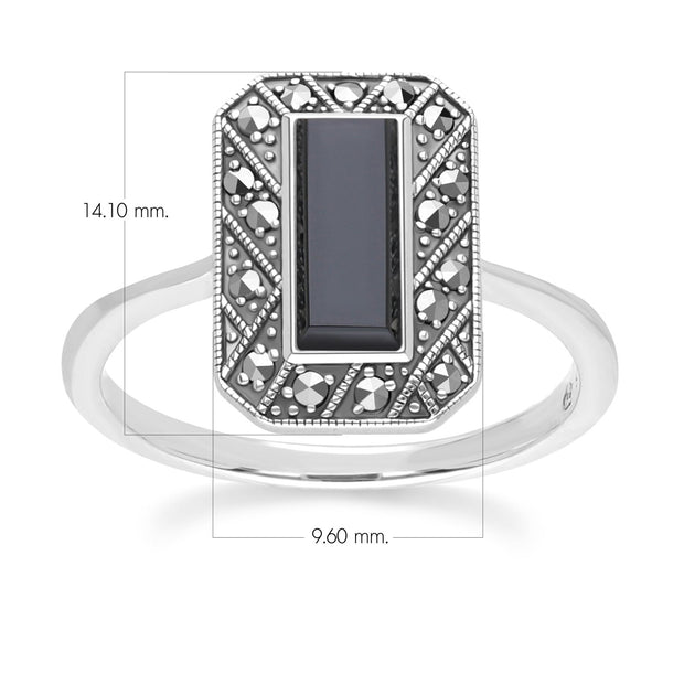 Anello rettangolare in stile Art Déco in argento sterling con onice e marcasite