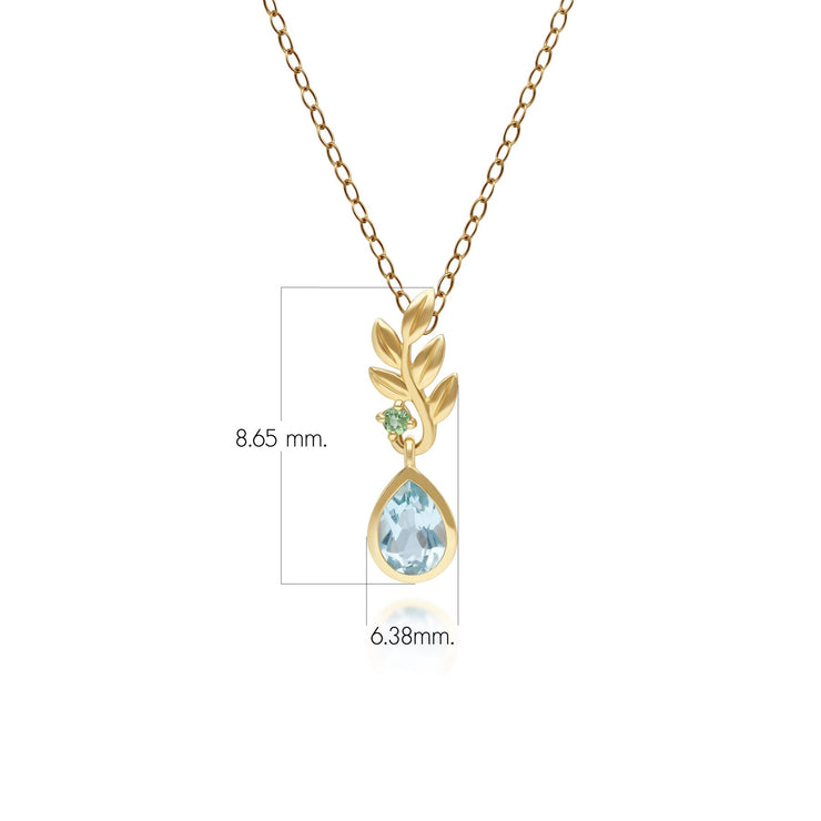 Pendente O Leaf in oro giallo da 9 ct con topazio azzurro e tsavorite