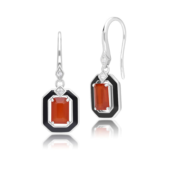 Boucles d'oreilles pendantes Grand Deco en argent sterling, émail noir, cornaline et topaze