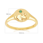 Anello con sigillo dello zodiaco Toro in oro giallo da 9 ct con uno smeraldo