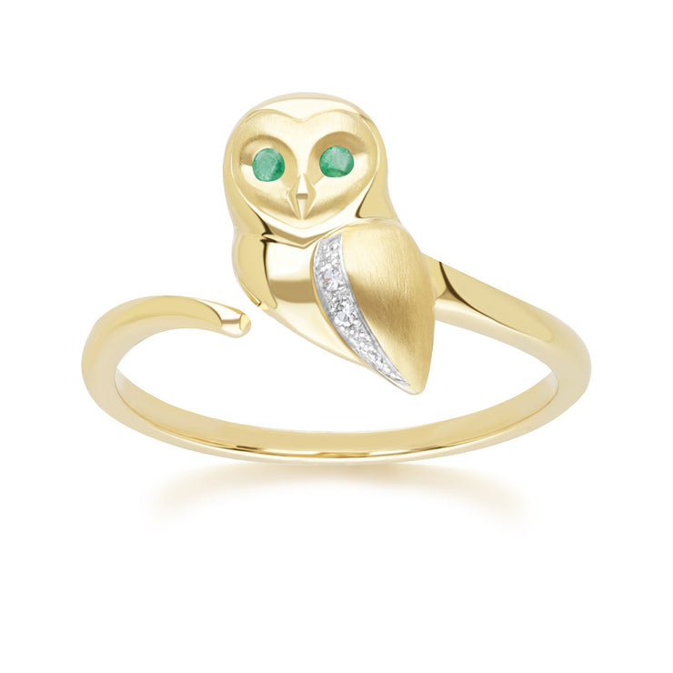 Anello Gufo Gardenia in oro giallo da 9 ct con smeraldo e zaffiro bianco