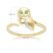 Anello Gufo Gardenia in oro giallo da 9 ct con smeraldo e zaffiro bianco