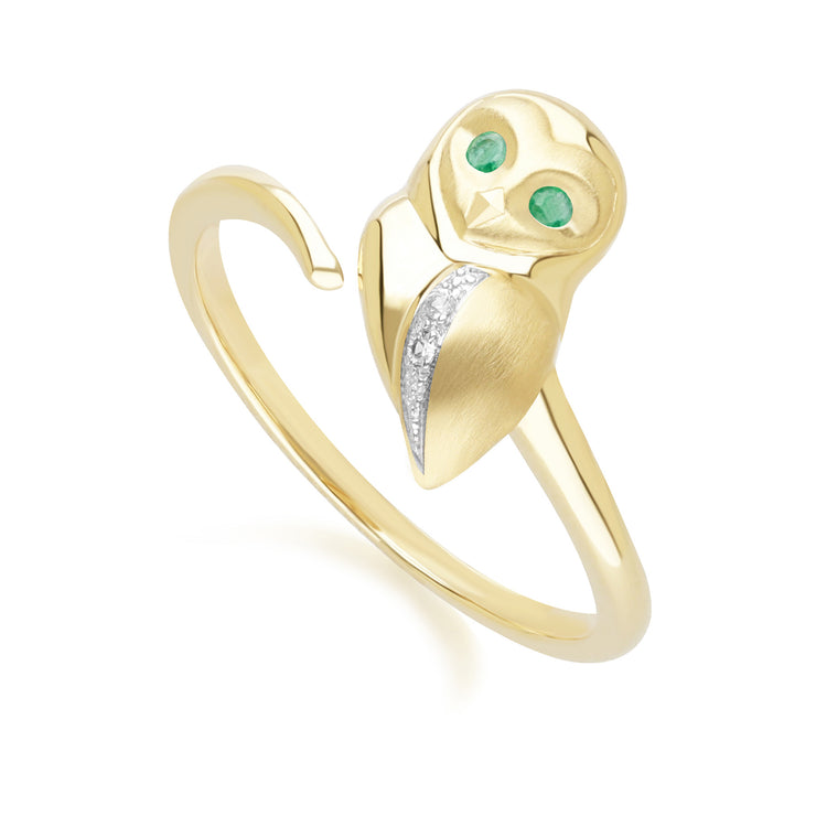 Anello Gufo Gardenia in oro giallo da 9 ct con smeraldo e zaffiro bianco