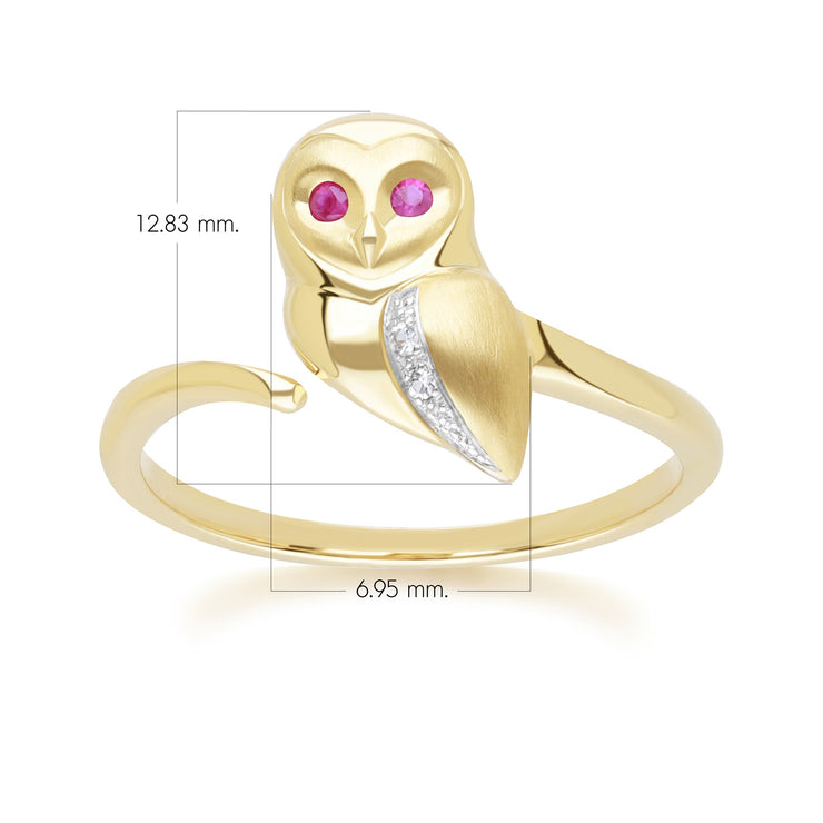 Anello Gufo Gardenia in oro giallo da 9 ct con rubino e zaffiro bianco