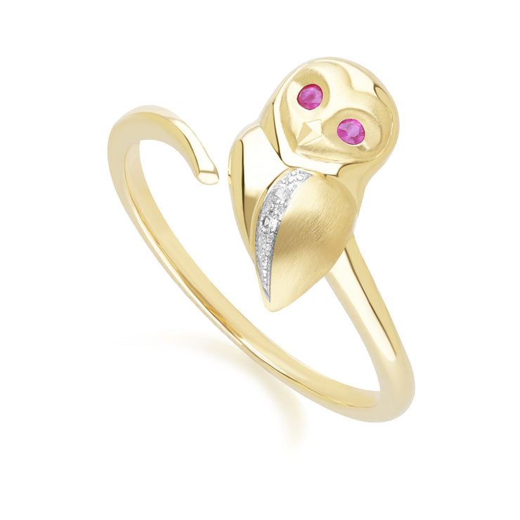 Anello Gufo Gardenia in oro giallo da 9 ct con rubino e zaffiro bianco